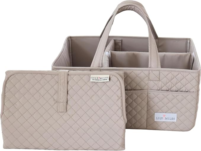 Quilted Diaper Caddy Organizer with Matching Changing Pad - Soft Sand by LilyMiles