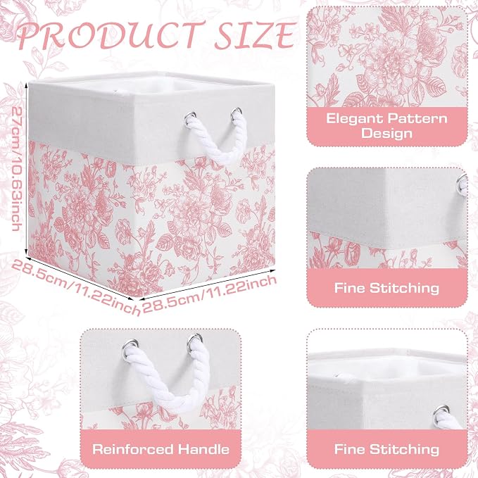 LemonRoad 6 Pcs Pink Floral Cube Storage Bins 11.22 Inch Square Storage Basket with Handle, Preppy Girls Organizer Basket, Collapsible Fabric Box for Classroom Bedrooms Office Home Decoration Gift - Image 2