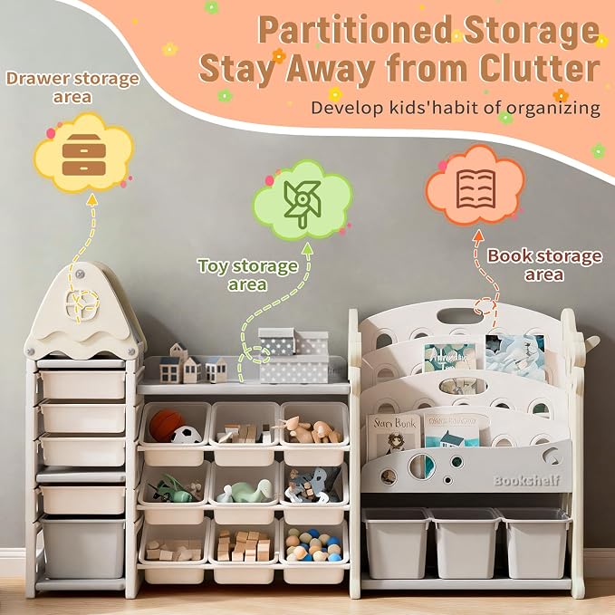 Pipleo Kids Toy Storage Organizer with 17 Removable Bins, 4-Tier Bookshelf for Kids, Multi-Purpose Castle-Shaped Toy Organizer for Playroom, Bedroom, Nursery, Living Room (Cream) - Image 4