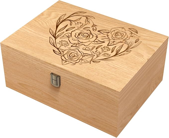 EXISTING Wooden Memory Keepsake Box, Floral Heart Engraved Keepsake Boxes | Memorial Box with Lock, Art Box for Anniversary, Wedding, Birthday, Valentines Day for Keepsakes, Wood Box for Office or Home by EXISTING