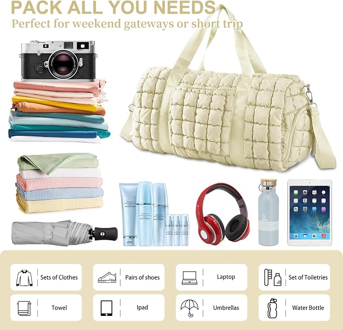 Quilted Travel Duffle Bag Gym Bag for Women,Large Puffer Duffle Weekender Bag with Compartment,Workout Overnight Carry on Organizer Bag Duffle Bag for Airplane Travel(Off-white) - Image 5
