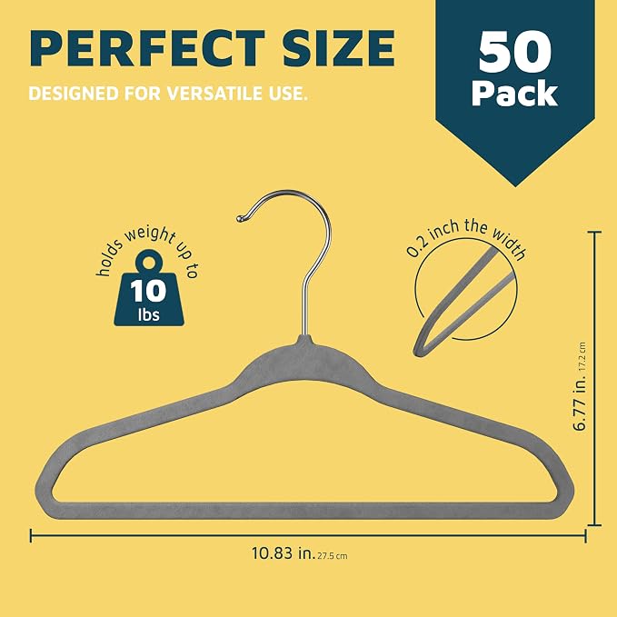 Gray Velvet Kids Hangers 50 Pack, 10.83" Non-Slip Baby & Toddler Hangers for Clothes, Space-Saving Slim ABS Plastic with 360° Swivel Hook & Notched Shoulders, Up to 10 lb Capacity - Image 2