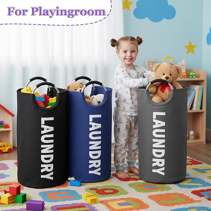 95L Foldable Laundry Basket, Large Freestanding Laundry Hamper for Bedroom | IHOMAGIC Portable Laundry Bin, Fabric Storage Baskets with Handles for Bathroom, Dorm, Black+Gray+Navy Blue - Image 7