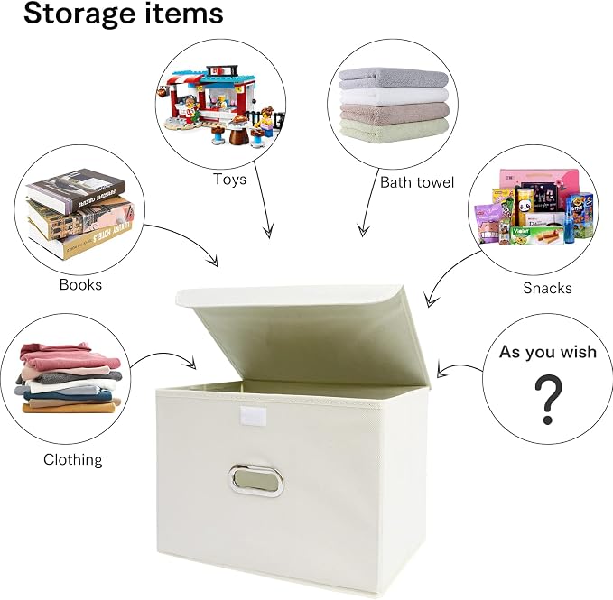 Fabric Foldable Collapsible Storage Cube Bin Organizer Basket with Lid, Handles, Removable Divider for Home, Closet (Creamy-White, 6Pcs) - Image 3