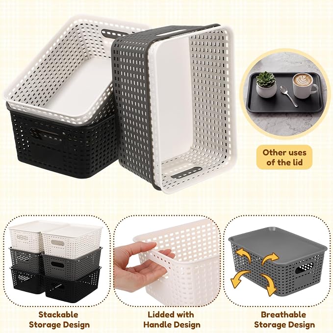 12 Pack Plastic Storage Baskets with Lids Stackable Organizing Bins Storage Baskets Organizers and Containers for Closet, Pantry, Office, 10.2 x 7.2 x 4.1 Inches(Classic Color) - Image 5