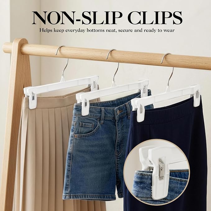 Skirt Hangers with Clips, 30 Pack White Pants Hangers | 12 Inch Plastic Clips Hangers Space-Saving Closet Organizer for Skirts, Shorts, Jeans with 360° Swivel Hook & Non-slip Clips - Image 4