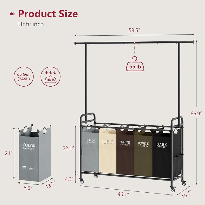 Laundry Sorter Cart with Hanging Rack, 5 Section, 5 Colors | 246L Rolling Laundry Hamper with Lockable Wheels and Removable Bag, Laundry Basket Organizer for Bathroom, Laundry Room - Image 7