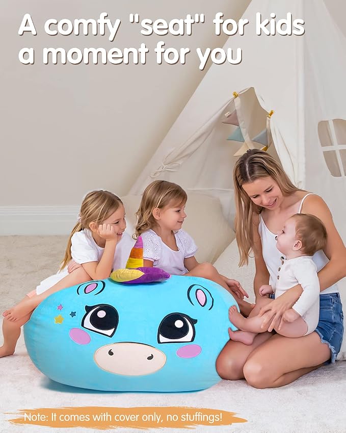 Aubliss Stuffed Animal Storage, Velvet Bean Bag Chairs Cover, Large 32" | Ultra Soft Kids Toy Storage Organizer for Blankets Towels Clothes, Blue Big Eyes - Image 6
