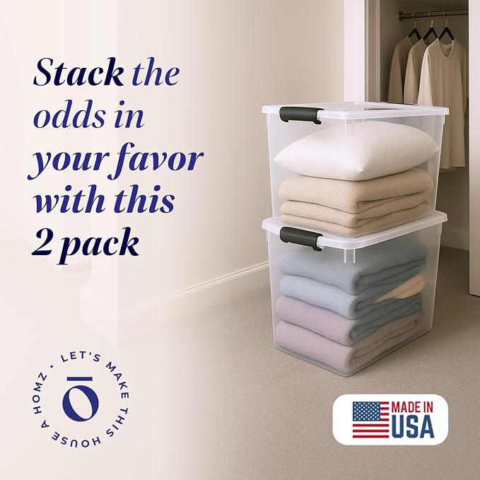 HOMZ Clear Plastic Storage Bins w/Latching Lid, 112 Qt, Gray Latch, 2 Pack | Large Stackable Container Boxes for Homes, Bathrooms, Garages, and Office Organization - Image 2