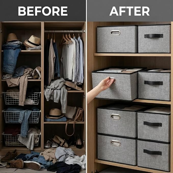 Large Foldable Storage Bins for Shelves [3-pack] Decorative Linen Fabric Storage Baskets Cubes with Leather/Metal Handles for Closet Nursery Office Grey and Black Trim (14.9x9.8x8.3 Inch) - Image 4