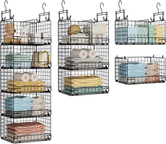 VyGrow 5 Tier Hanging Closet Organizer with Adjustable Dividers, Heavy-Duty Storage Shelves for Clothing, Kitchen, Laundry Room, Extra Large Baskets, 15.7" W x 11.8" D x 51" H, Black by VyGrow