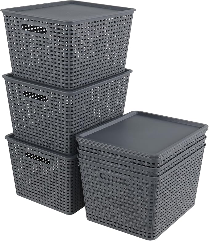 6 Pack Plastic Storage Bins with Lids, Stackable Storage Baskets with Handles, Large Organizer Bins for Desk, Shelves, Office, Plastic Container Bins for Pantry Organizers and Storage, Grey - Image 4