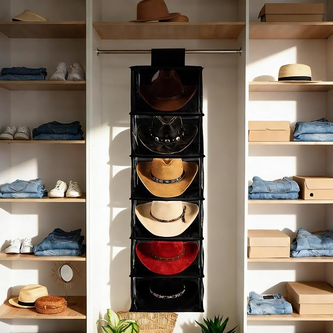 Briwooody 2 Pack XL Cowboy Hat Rack for Closet, 6 Shelf Hanging Hat Organizer for Wide Brim Caps, Dustproof Storage with Cover, Space Saving Closet Organizer for Cowboy Fedora Western Caps - Image 5