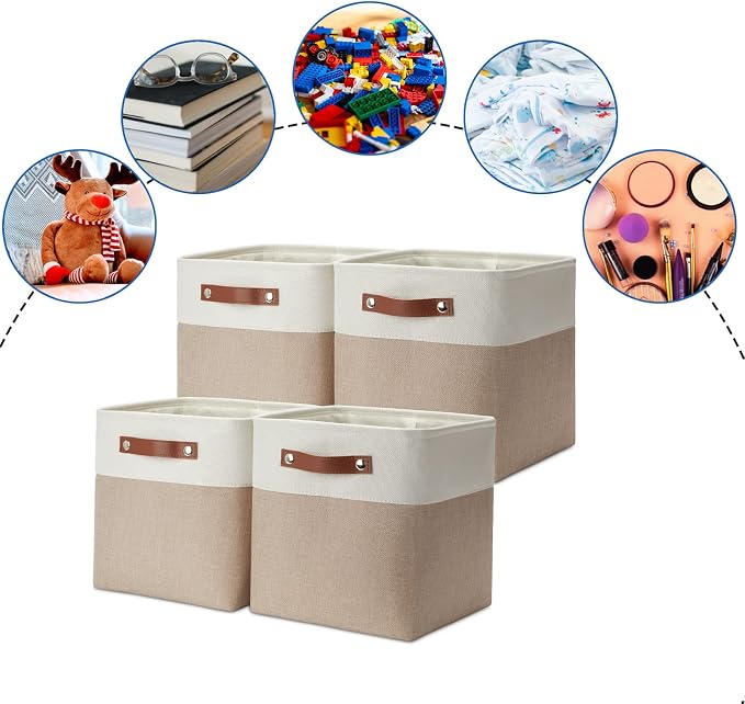 DULLEMELO 11 inch Cube Storage Bins, Large Collapsible Grey Storage Baskets for Square Cubes Organizing, Fabric Boxes Bins for Shelves Nursery Home Office Storage(4 Pack - 11" White&Khaki) - Image 6