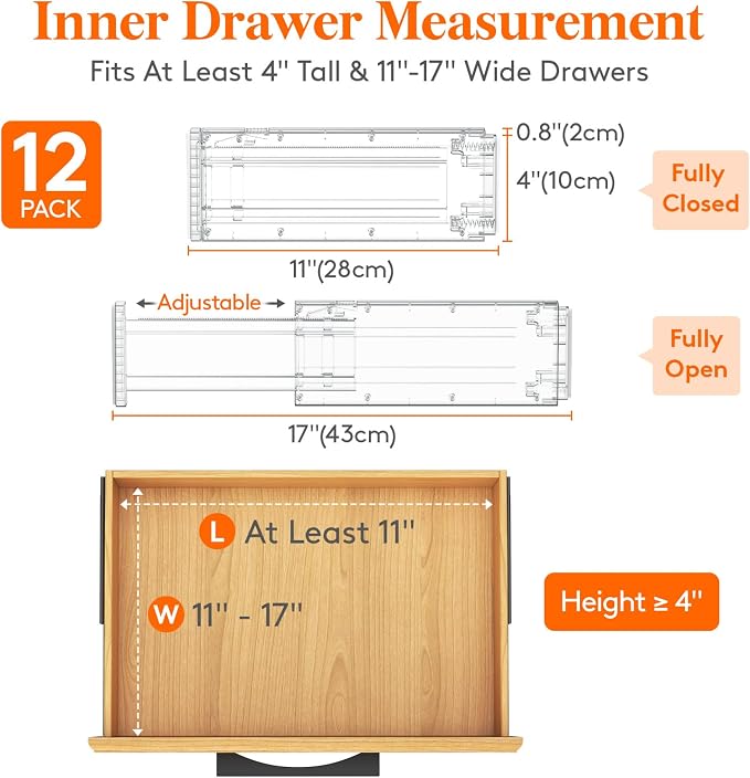 Lifewit 4" High Upgrade Drawer Divider, Adjustable Drawer Organizer Clothes | 12 Pack 11-17" Expandable Clear Plastic Drawer Separator for Dresser, Kitchen, Closet, Nursery, Office Organization & Storage - Image 2