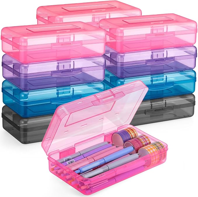 Fainne 12 Pcs Plastic Pencil Boxes Bulk,Clear Pencil Case,Dark Colors | Large Organizer for Crayons Markers, See-through Design, Multi-purpose School Supplies Storage, Secure Snap Lid Closure by Fainne