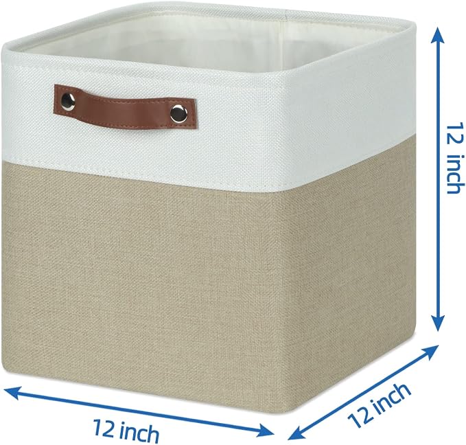 Temary Fabric Storage Baskets 12x12 Cube Bins 4 Pack Cloth Baskets for Shelf, Storage Cubes Bins Gift Empty (White&Khaki) - Image 2