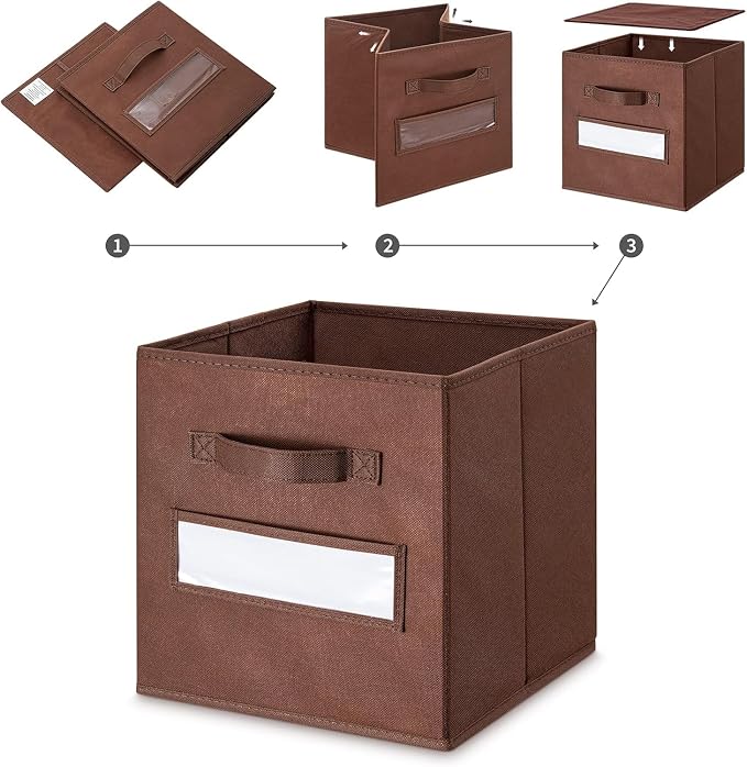 13x13x13 storage cube bins (Set of 10) Fabric storage cubes with 10 Labels Window Cards & a Pen, storage cubes 13x13, Collapsible 13 inch cube storage bins, Cubby Organizer Boxes, Brown - Image 4
