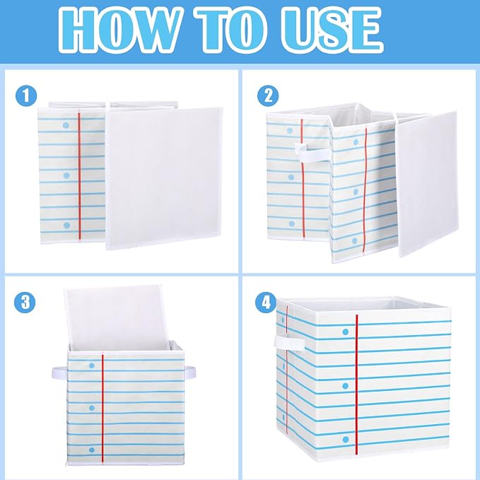 RattanView 6 Pcs 11in Crayon Storage Bins Fabric Cubby Classroom | Notebook Paper Design, School Supplies Organizer for Daycare Preschool, Treasure Prize Boxes, Closet Cubby Bins - Image 4