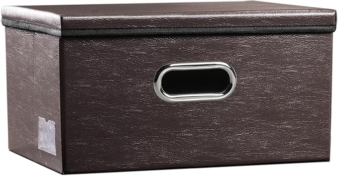 Collapsible Storage Box with Lid [1-Pack] Leather Fabric Foldable Storage Bin Organizer Container Basket Cube with Cover for Home Bedroom Closet Office Nursery Brown (13.6x9.6x6.9) by Prandom