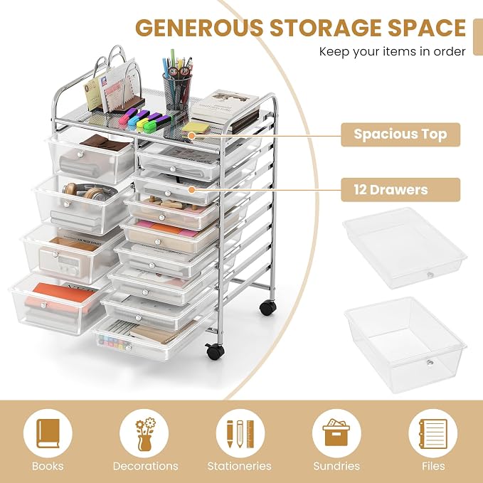 COSTWAY 12 Drawer Rolling Storage Cart, Utility Cart with Metal Frame | Mobile Art Supply Craft Organizer, Multipurpose Storage Organizer for Paper, Office, School Teacher, Classroom, Transparent - Image 5