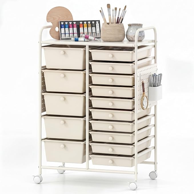DREAMADE 15-Drawer Rolling Storage Cart, Craft Organizer Cart, White | Mobile Utility Cart with Metal Pegboard Panels, Tabletop and Lockable Wheels for Classroom, Office, Studio and Playroom by DREAMADE