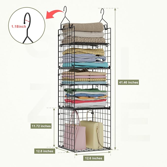 X-cosrack Hanging Closet Organizer and Storage - 5-Tier Closet Storage Organizer Baskets for Clothes & Adjustable Collapsible Metal Closet Hanging Organizer Shelves for Sweaters Shoes Handbags - Image 3