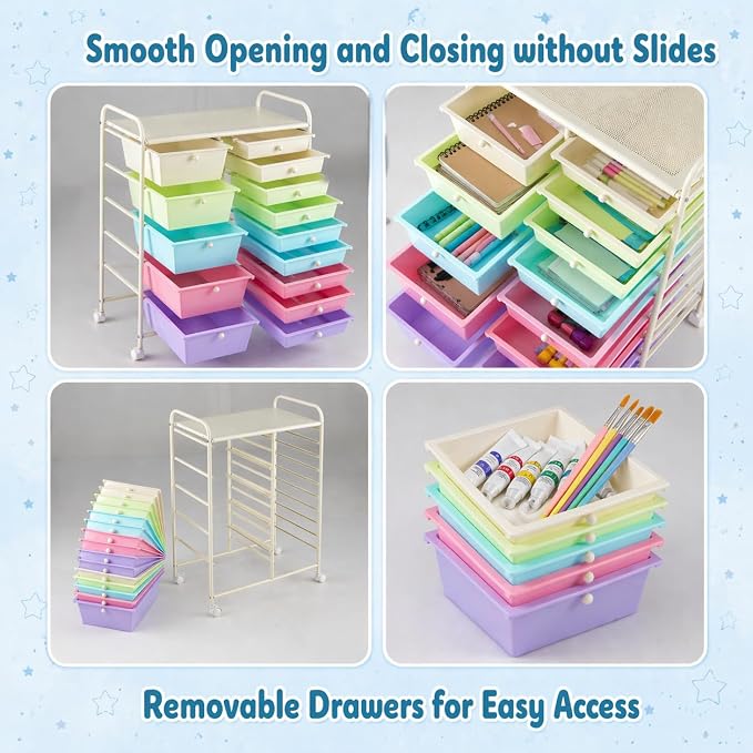 RELAX4LIFE 15 Drawer Rolling Storage Cart, Classroom Organization for School Teacher Office, Mobile Craft Art Supply Organizer, Utility Carts on Wheels for Paper Tools Scrapbook (Ice Cream Multicolor) - Image 4