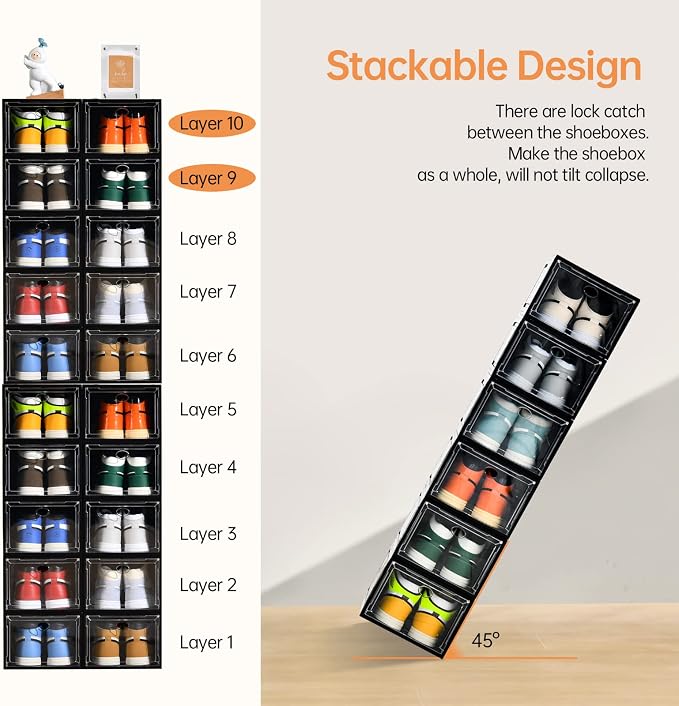 12 Pack Shoe Storage, Stackable Shoe Organizer, Clear Shoe Boxes for Closet | Plastic Shoe Containers with Magnetic Door, Sturdy Sneaker Storage Organizer, Shoe Cabinet Fit up to US Size 12 - Image 4