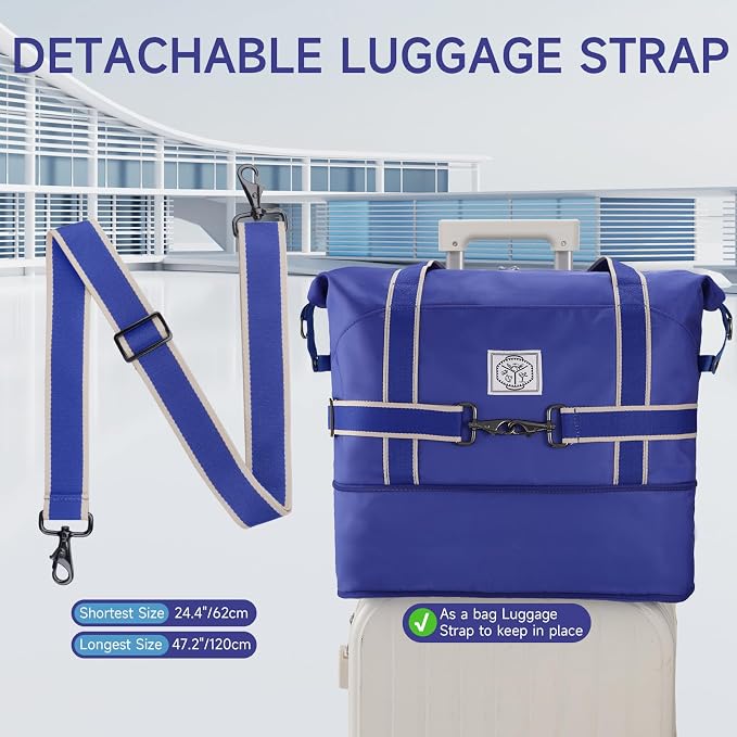 WALNEW Travel Duffel Bag, Weekender Overnight Carry On Bag for Women Men, Foldable Waterproof Gym Luggage Duffle Bag with Metal Buckle Detachable Shoulder Strap and Wet Compartment (Klein Blue) | Overnight Carry On Bag, Foldable Waterproof Gym Luggage ... - Image 7