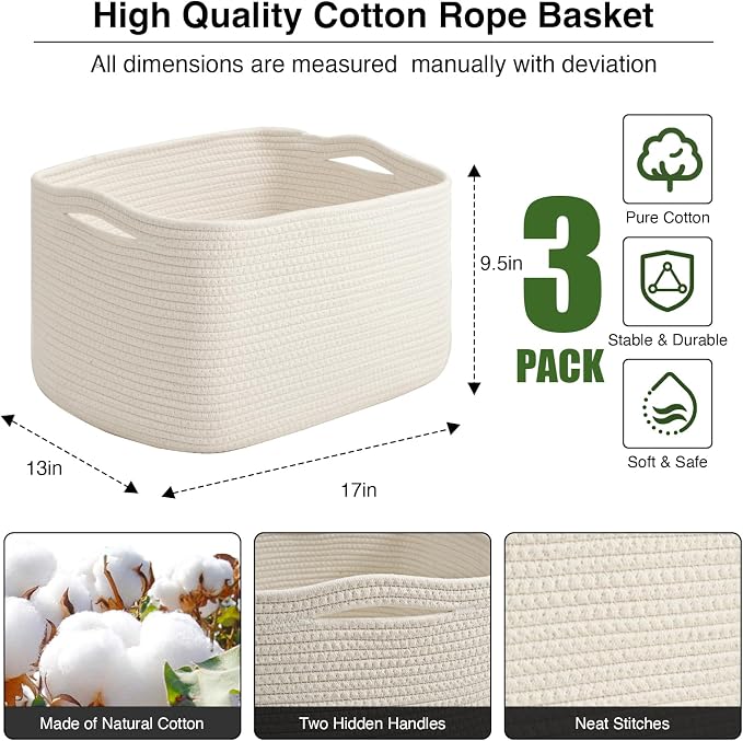ICERZCZ Large Storage Baskets for Organizing Shelves, Woven Cotton Rope Bins for Baby Nursery Organization, Book Toy Towel Organizer, 17"x13"x9.5", 3 Packs, Off White - Image 3