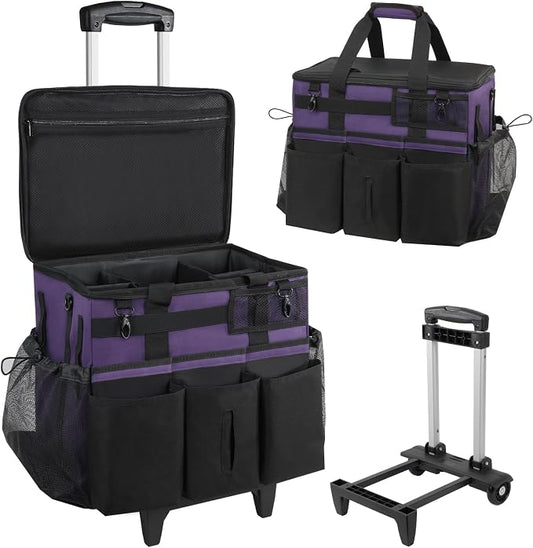 SCAVATA Rolling Cleaning Caddy Bag with Detachable Trolley, Large Cleaning Supplies Organizer with Wheels, Multi Pocket Cleaning Cart with Adjustable Shoulder Strap for Housekeeper & Home, GrapePurple by Tidyyourlife