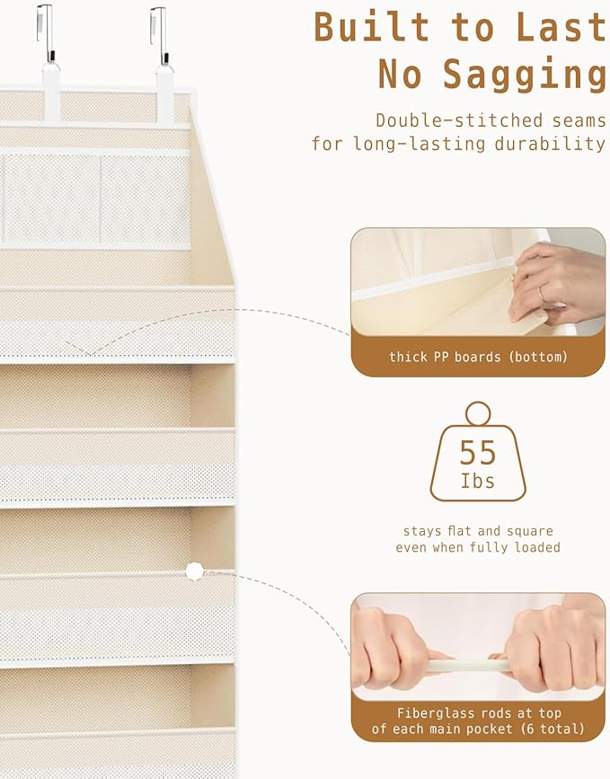 KMSCO Over The Door Organizer 6 Large +13 Mesh Side Pockets | 55lbs capacity, heavy duty non-woven fabric.Ideal for nursery, bathroom, pantry, closet. Beige, 1 pack. - Image 4