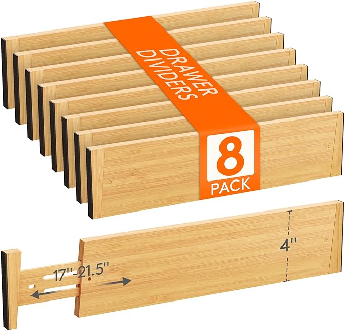 Lifewit 4" High Dresser Drawer Dividers, Adjustable Bamboo Drawer Organizer | 8 Pack 17"-21.5" Expandable Drawer Separator for Clothes, Utensils, Kitchen, Cabinet, Closet, Nursery Organization & Storage by Lifewit
