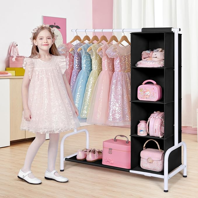 Univivi Kids Clothing Rack with Hanging Organizer, 43 Inch, Black and White | Toddler Dress Up Storage with Bottom Shelf, Sturdy Metal Dress Up Rack, Toddler Wardrobe Rack for Nursery, Playroom, Bedroom - Image 2