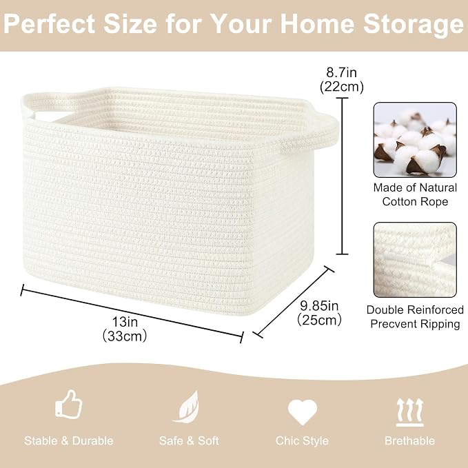 OIASKET Storage Baskets for Organizing, Woven Baskets for Shelves, Rectangle Decorative Organizer for Storage Clothes, Toy, Books, Towels Nursery Bins 3 Pack (White, 13"x9.85"x8.7") - Image 2