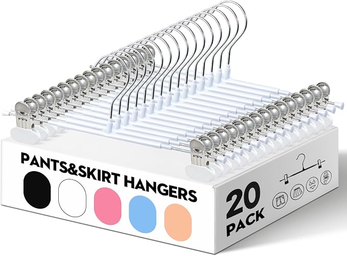 HUADYMEET 14 Inch Heavy Duty Pants Skirt Hangers with Clips,White,20 Pack | Metal,Space Saving,Adjustable,Hanger for Jeans Shorts Clothes Slacks Trousers,For Adult Men Women Children,Non Slip - Image 2