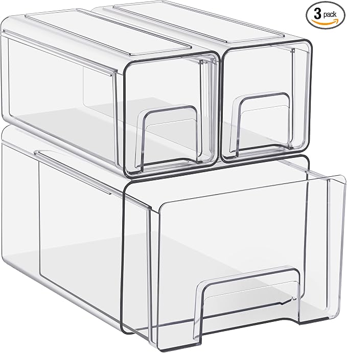 Sorbus Clear Stackable Storage Drawers (1 Large + 2 Small) | Plastic medicine-cabinet bins with handles and pull-out access for bathrooms, closets, pantries and baby bottles. by Sorbus