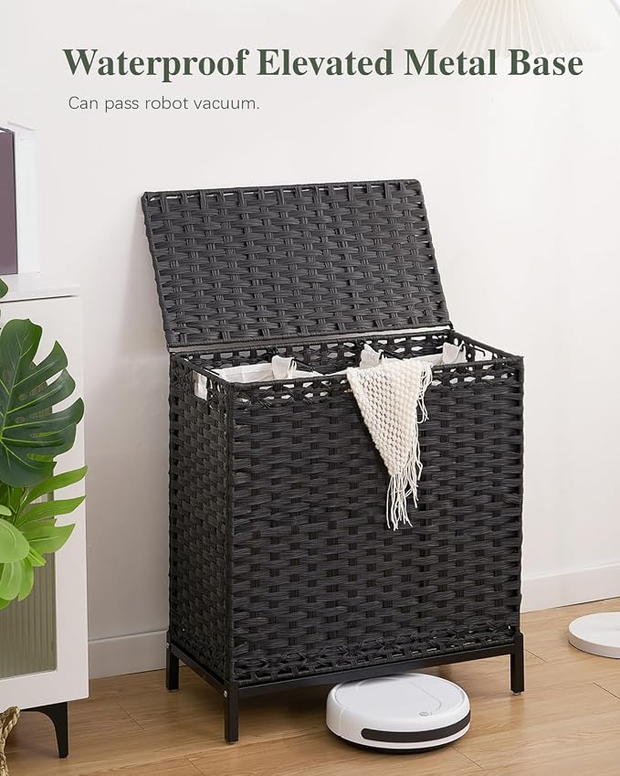 SETVSON Laundry Hamper with Lid, 35 Gal 3-Bag Clothes Sorter, Black | Large Family Laundry Trunk with Lid, 3 Compartment Sorting Liner, 6 Wash Bags, Elevated PE Rattan Bin with Handles - Image 2