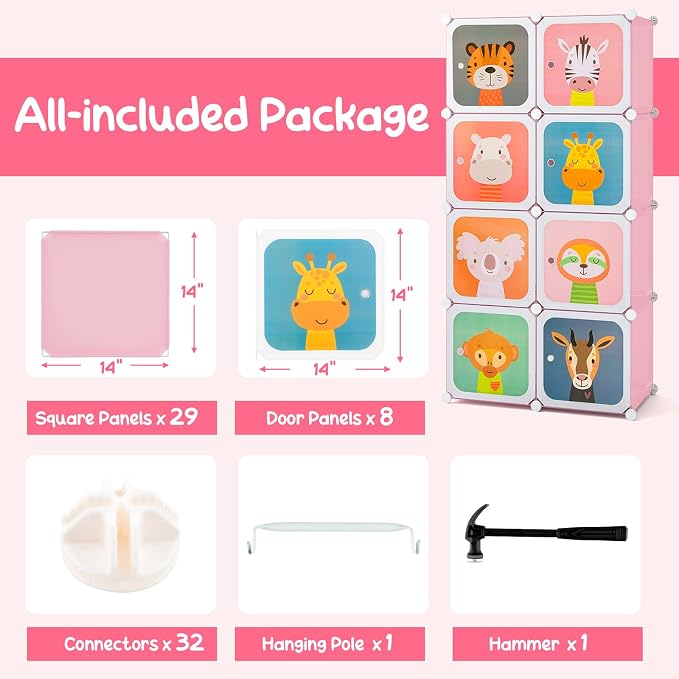 HONEY JOY Kids Wardrobe Closet, Baby Cartoon Clothes Storage Organizer, 8 Cubes & 2 Hanging Sections, Portable Children DIY Modular Bedroom Armoire Dresser Cabinet for Boys Girls (Pink, 8-Cube) - Image 7