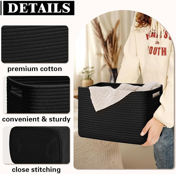 Storage Baskets for Organizing, 4 Pack Baskets for Shelves, Decorative Storage Bins for Shelves, Cotton Rope Storage Basket with Handles, Woven Basket for Storage, 13''Lx8.7''Wx7.9''H, Black - Image 5