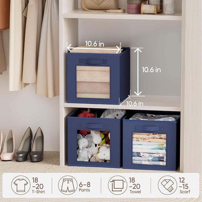 Storage Cube 11 Inch - Cube Storage Bins with Window, Closet Storage Baskets with Handle, Fabric Bins for Closet, Shelves, Toys, Clothes, Set of 8, Navy Blue - Image 4