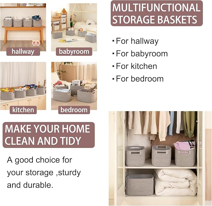 OIAHOMY 4 Pack Storage Baskets for Organizing 15L Cube Storage Bins Grey | Woven Baskets for Storage Rectangle Small Baskets With Handles Baskets for Shelves Wicker Baskets for Shelves 12.7x9x7.8inch - Image 6