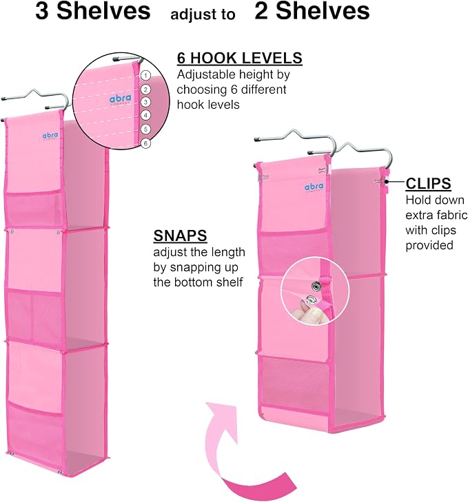 ABRA® 3 Shelf Hanging Locker Organizer for School, Gym, Work, Storage | Deep Shelves 6”x 9”| Eco-Friendly Fabric Healthy for Children | Adjustable School Locker Shelf 3 to 2 Shelves (Pink) - Image 5