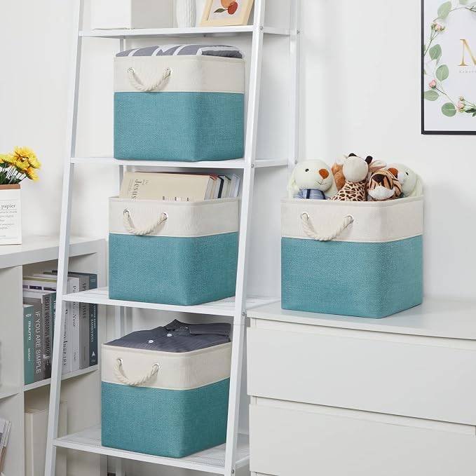 Temary Cubes Storage Baskets 11 Inch Cube Storage Bins 4 Pack Fabric Baskets for Gift Empty Teal Storage Bins for Shelves, Collapsible Fabric Storage Cubes Basket for Storage (White&Teal) - Image 2