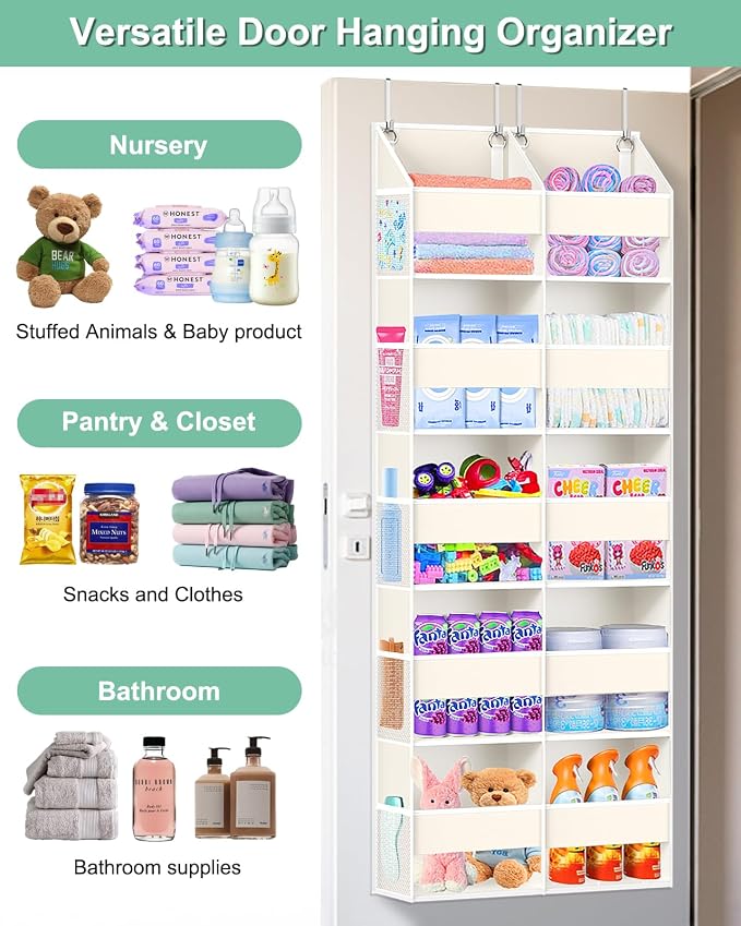 Heavy Duty Over The Door Organizer 5 Tiers, Extra Large Behind Door Storage of 10 Big Front & 10 Mesh Pockets, 80lb Weight Capacity, Hanging Doors Storage for Closet Bedroom Nursery, Beige - Image 6