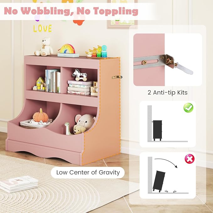 HONEY JOY Kids Toy Storage Organizer, 4-Cubby Wooden Bookcase Cabinet, 2-Tier Open Daycare Shelf for Preschool, Kids Display Bookshelf for Bedroom, Playroom, Classroom & Nursery (Pink) - Image 4