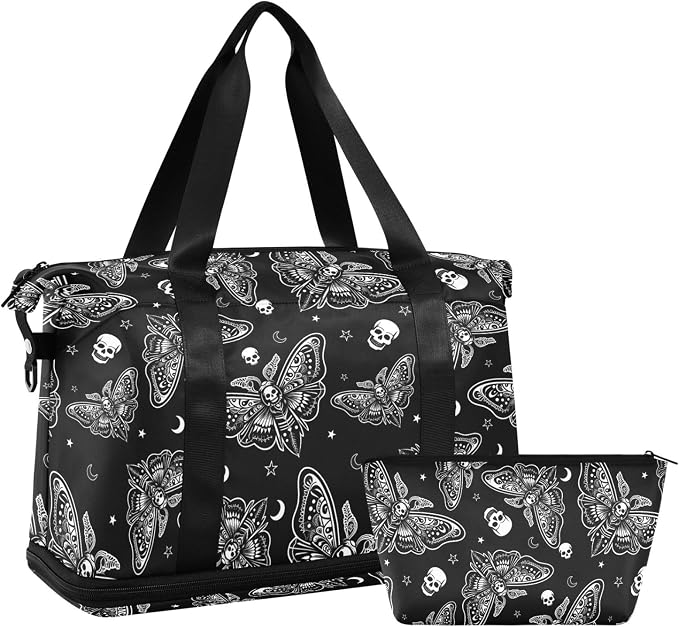 Travel Duffel Tote Bag Moth Skull Moon Esoteric Sports Duffel Bag with Wet Pocket Weekender Overnight Bag for Women Men Gym Bag, Carry On Bag Hospital Bag for Labor and Delivery - Image 7