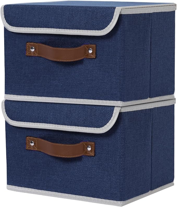 ANMINY Fabric Storage Box Bins with Lids, Blue, 13"x9"x7.9", 2 Pack | Keepsake Memory Storage, Cotton Linen, PP Board Reinforced, Washable, PU Handles, Foldable & Stackable, Decorative, Medium by ANMINY