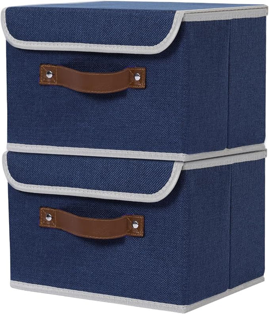 ANMINY Fabric Storage Box Bins with Lids, Blue, 13"x9"x7.9", 2 Pack | Keepsake Memory Storage, Cotton Linen, PP Board Reinforced, Washable, PU Handles, Foldable & Stackable, Decorative, Medium by ANMINY
